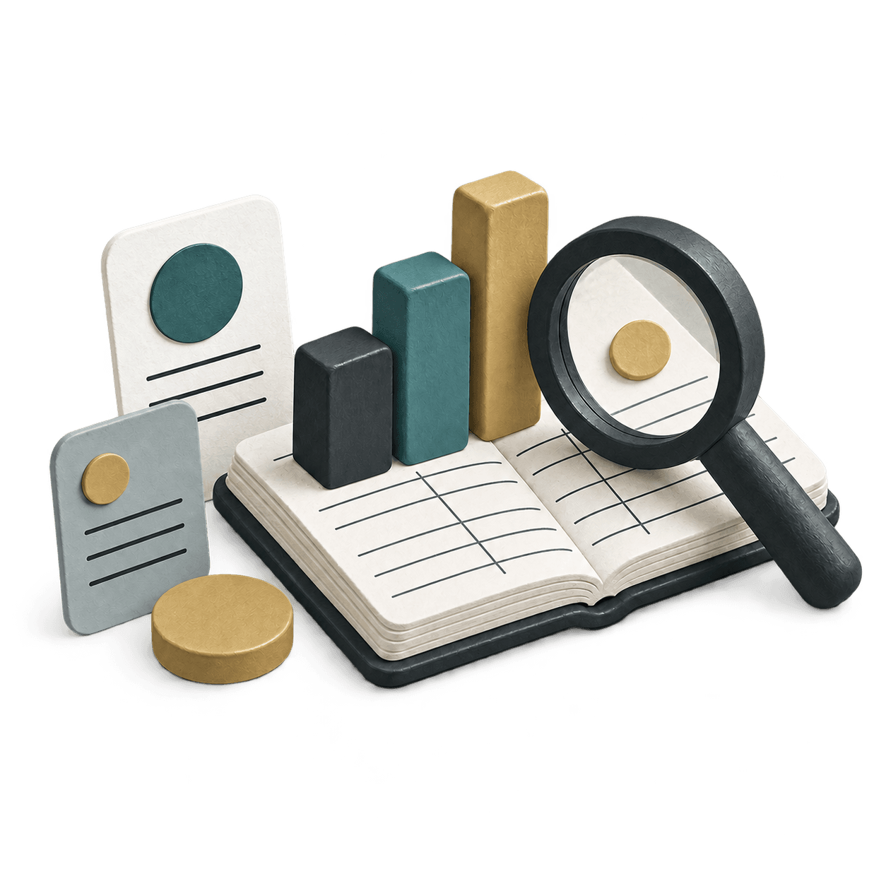 A paper ledger with campaign cards, chart blocks, and a magnifying glass.